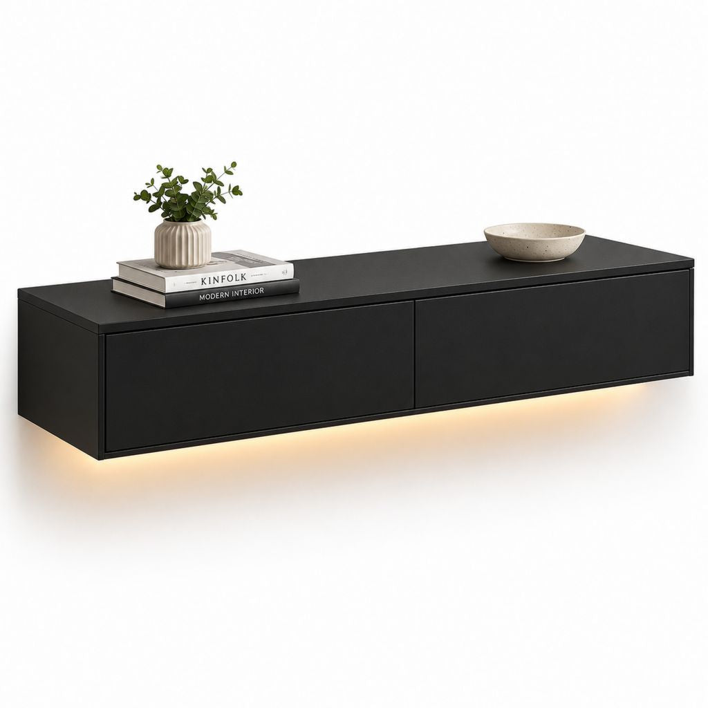 Mobile TV sospeso rettangolare con LED in truciolare melaminico nero, 140 x 35 x 30 cm