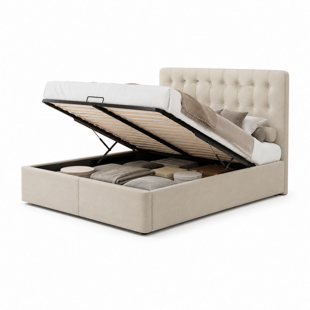 Letto matrimoniale contenitore 160 x 200 cm in tessuto beige, 215 x 172 x 110 cm, con rete a doghe e testiera imbottita