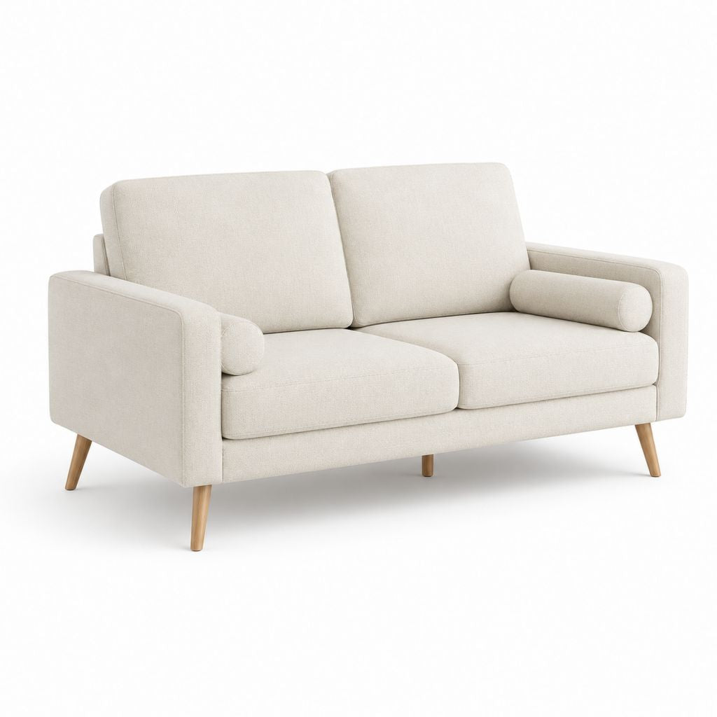 Divano a 2 posti in tessuto beige chiaro con gambe in legno, 160 × 84 × 84 cm
