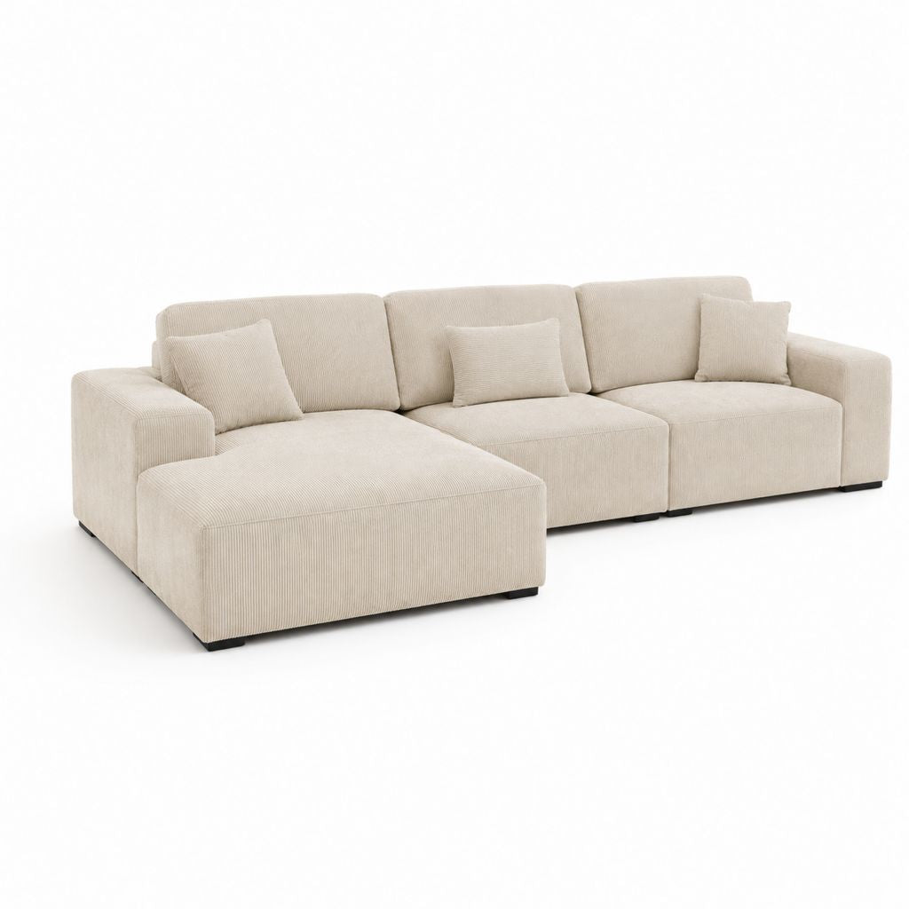 Divano angolare modulare 3 posti con chaise longue sinistra in velluto a coste beige, 290 x 170 x 85 cm