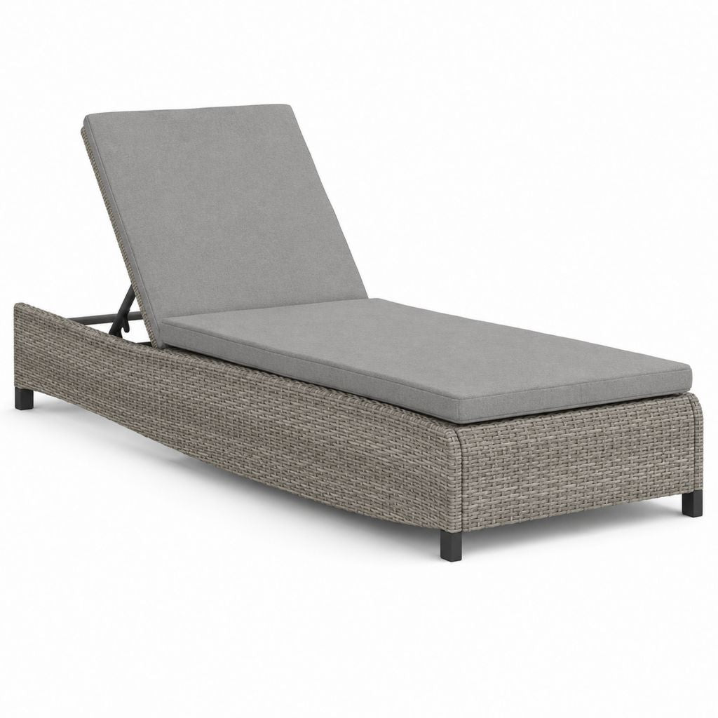 Lettino prendisole reclinabile da esterno in rattan PE grigio con cuscino, 195 x 65 x 93 cm