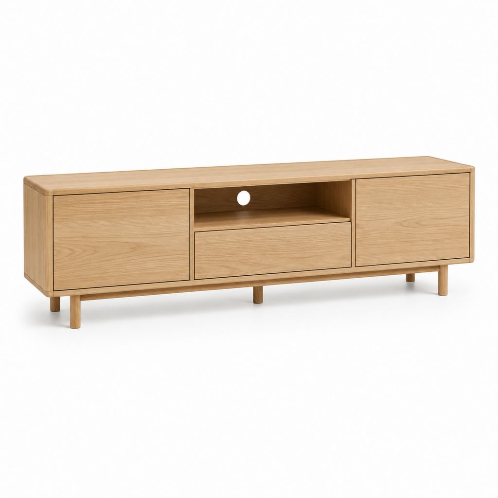 Mobile TV basso rettangolare in MDF impiallacciato rovere naturale con 2 ante, cassetto e vano aperto, 160 x 40 x 55 cm