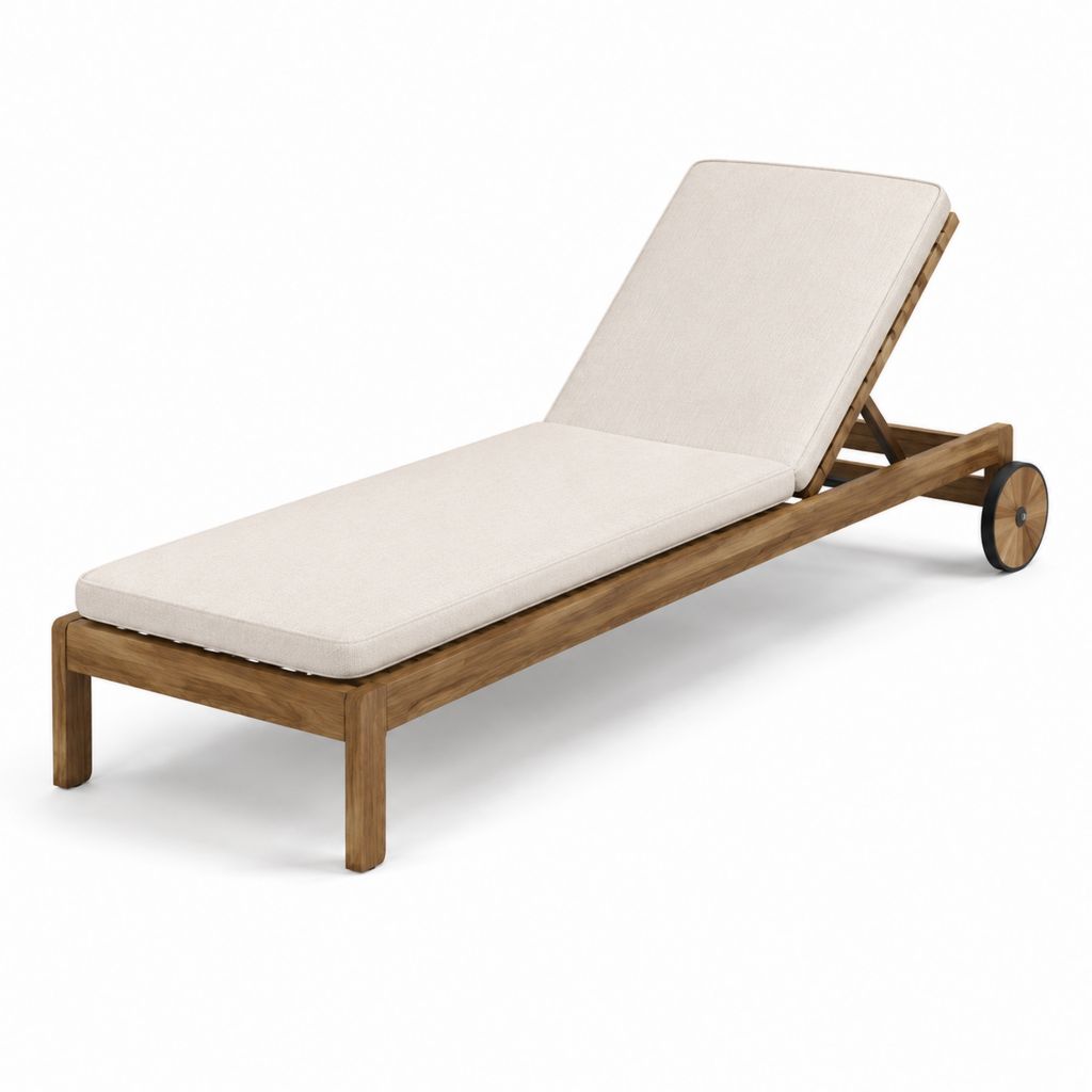 Lettino prendisole reclinabile da esterno in legno massello di acacia marrone naturale con cuscino beige e ruote, 200 × 65 × 35 cm