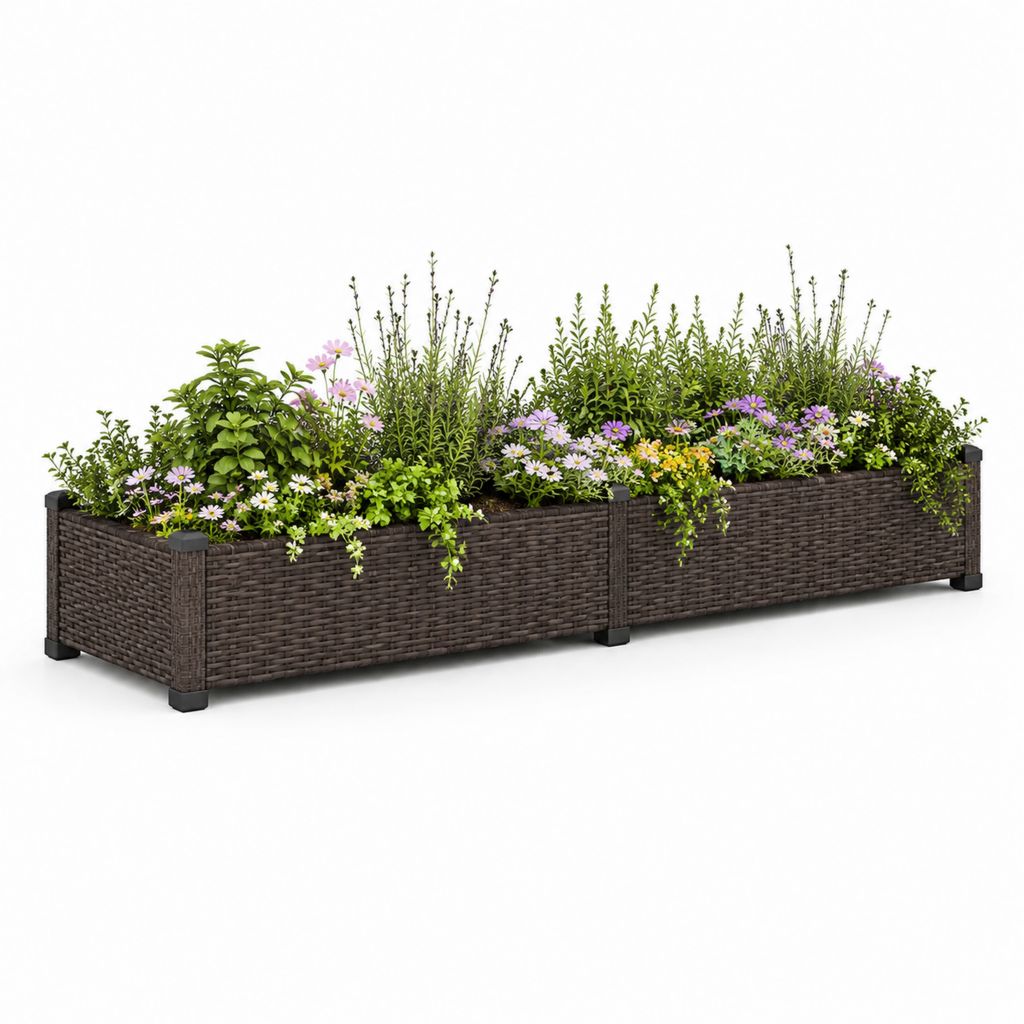 Composizione di 3 fioriere rialzate da esterno in polyrattan PE e metallo, marrone scuro, 40 × 40 × 40 cm ciascuna, dimensioni totali 120 × 40 × 40 cm