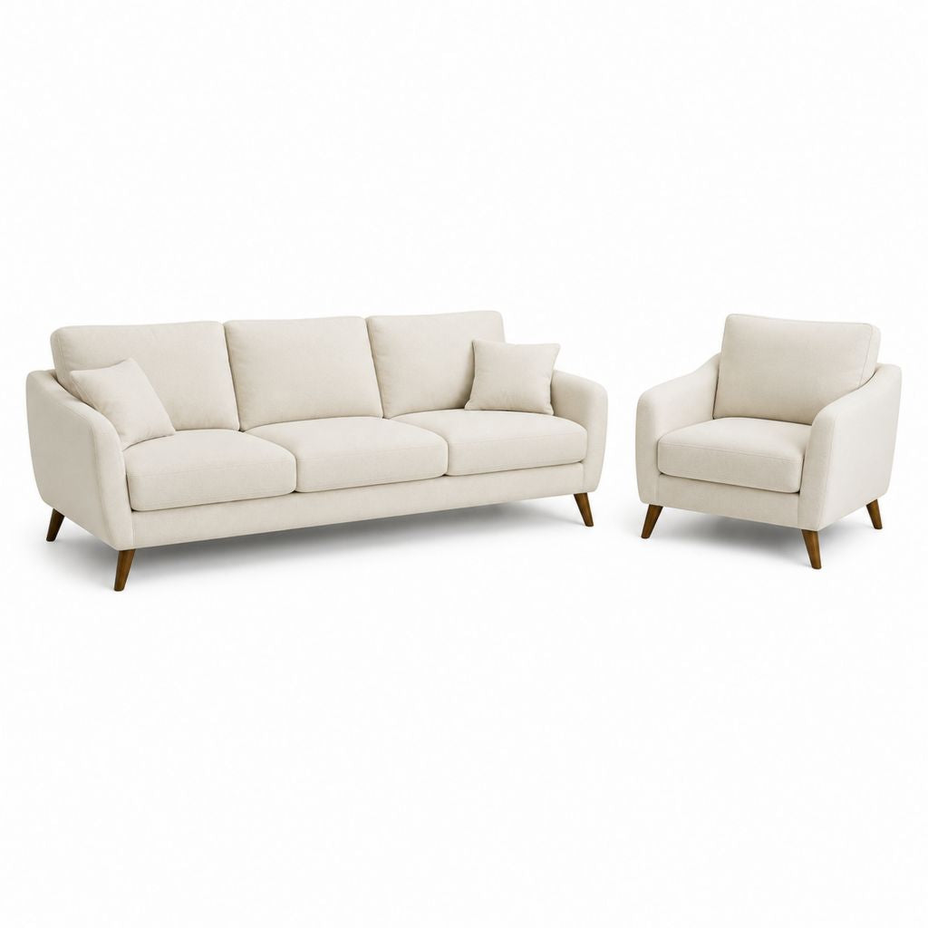 Set divano 3 posti e poltrona avorio in poliestere con gambe in legno massello, 210 x 88 x 86 cm e 88 x 85 x 86 cm