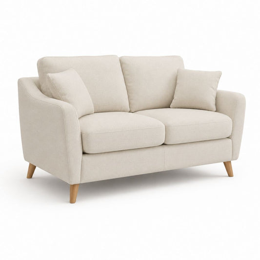 Divano lineare 2 posti in poliestere beige con gambe in legno massello, 150 x 85 x 88 cm
