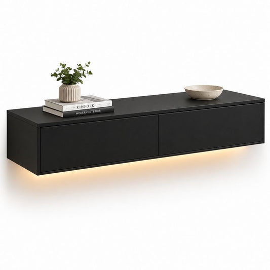 Mobile TV sospeso rettangolare con LED in truciolare melaminico nero, 140 x 35 x 30 cm
