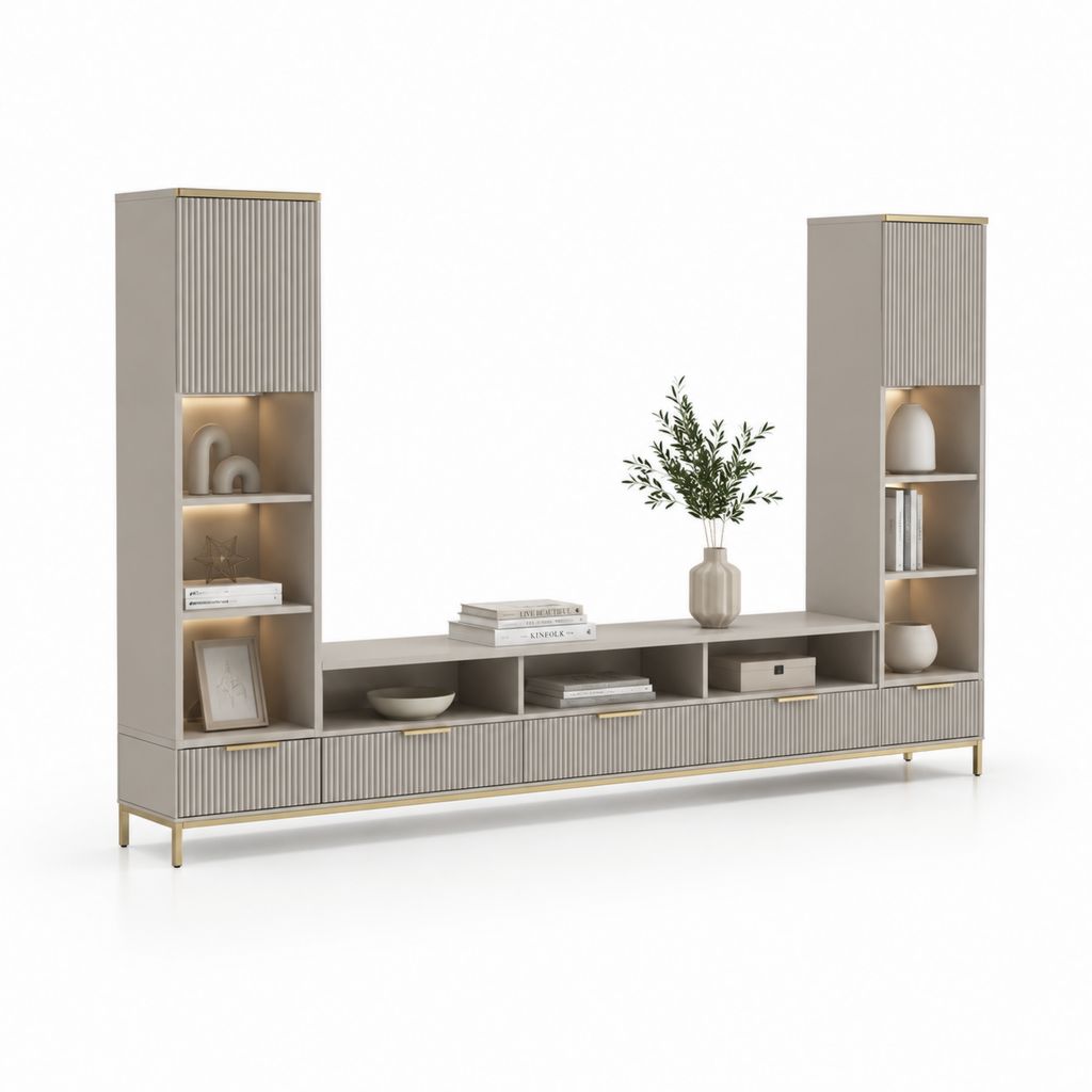 Parete attrezzata porta TV modulare in MDF e acciaio tortora e oro con ante scanalate e illuminazione LED, 240 x 40 x 180 cm