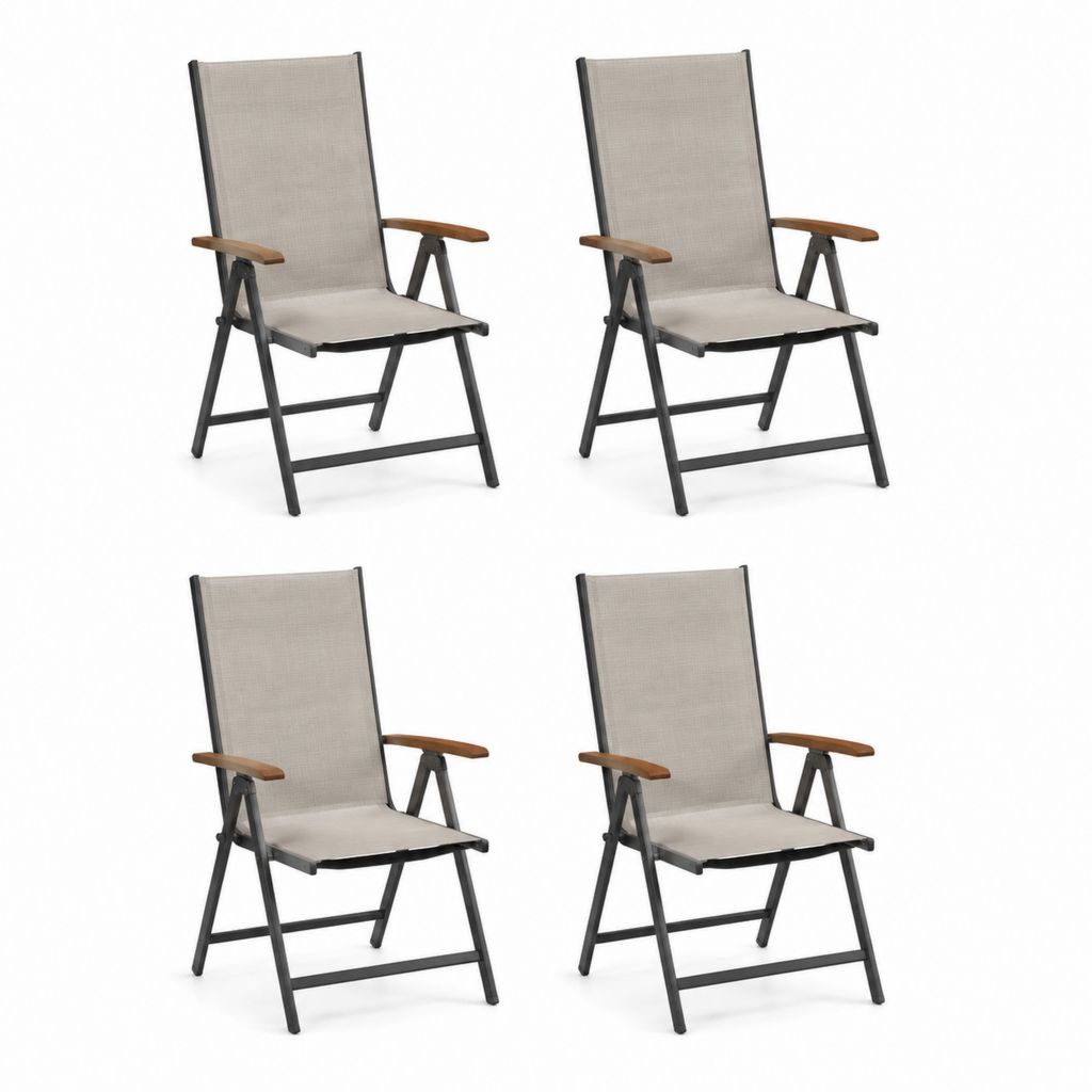 Set di 4 sedie da giardino reclinabili e pieghevoli in acciaio, legno e tessuto beige, 58 x 65 x 110 cm