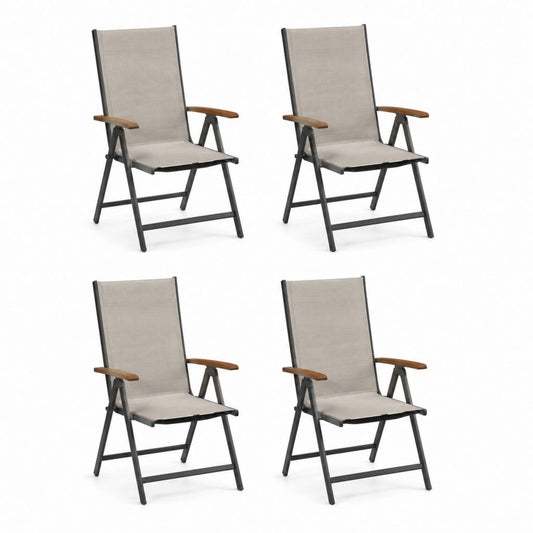 Set di 4 sedie da giardino reclinabili e pieghevoli in acciaio, legno e tessuto beige, 58 x 65 x 110 cm