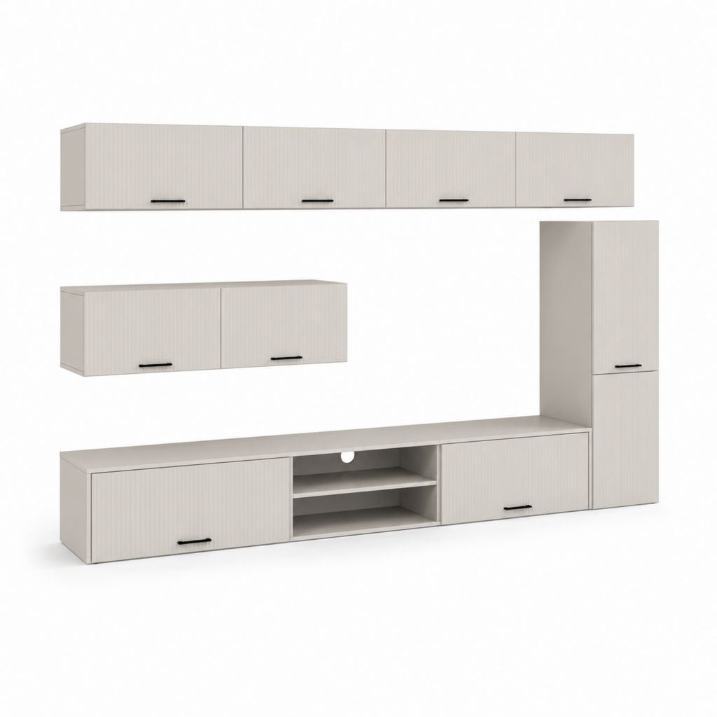 Parete attrezzata TV a 4 elementi in legno, tortora chiaro e nero, 290 x 40 x 200 cm