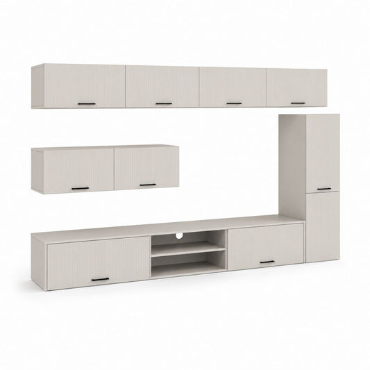 Parete attrezzata TV a 4 elementi in legno, tortora chiaro e nero, 290 x 40 x 200 cm