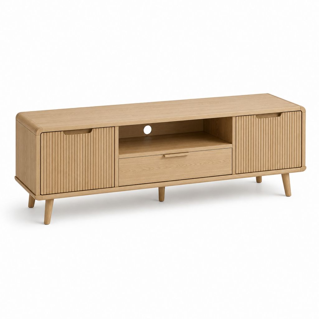 Mobile porta TV rettangolare in legno e MDF impiallacciato, rovere naturale, con 2 ante, 1 cassetto e vano aperto, 160 x 40 x 58 cm