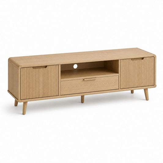 Mobile porta TV rettangolare in legno e MDF impiallacciato, rovere naturale, con 2 ante, 1 cassetto e vano aperto, 160 x 40 x 58 cm