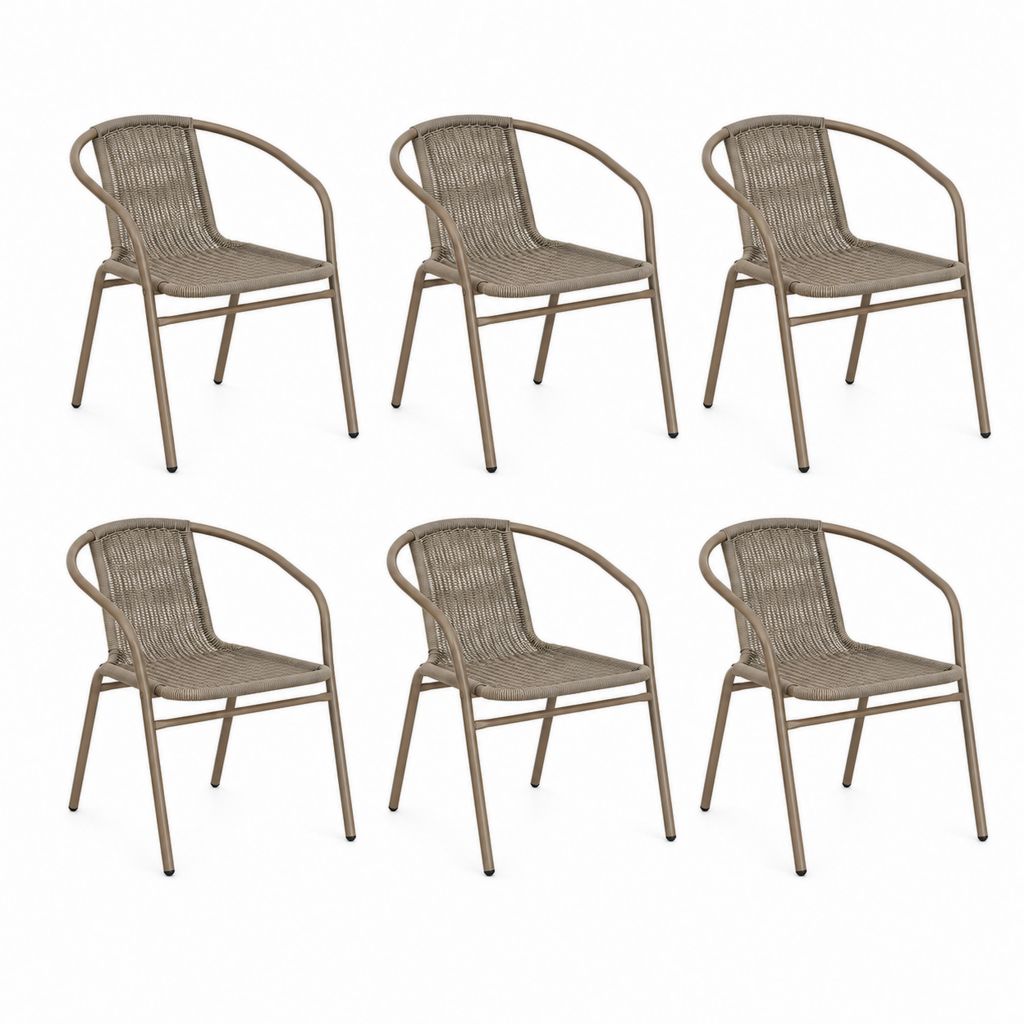 Set di 6 sedie da giardino con braccioli in acciaio e rattan PE tortora, 56 × 58 × 79 cm