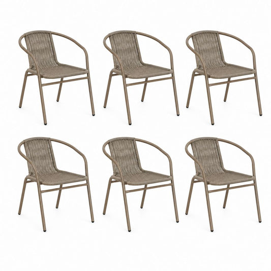 Set di 6 sedie da giardino con braccioli in acciaio e rattan PE tortora, 56 × 58 × 79 cm