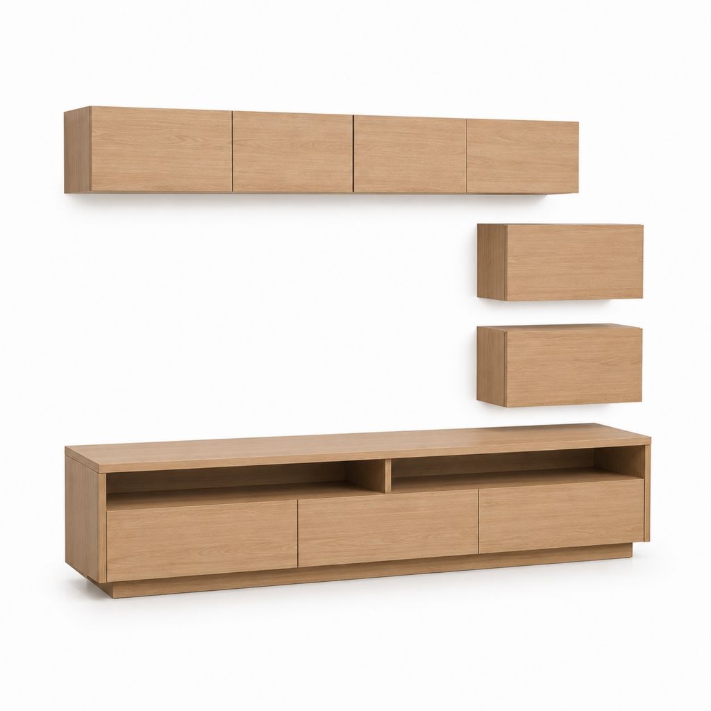 Parete attrezzata TV 4 pezzi in MDF impiallacciato rovere naturale, mobile TV 200 x 40 x 48 cm, pensile 180 x 30 x 32 cm e 2 pensili 60 x 30 x 32 cm