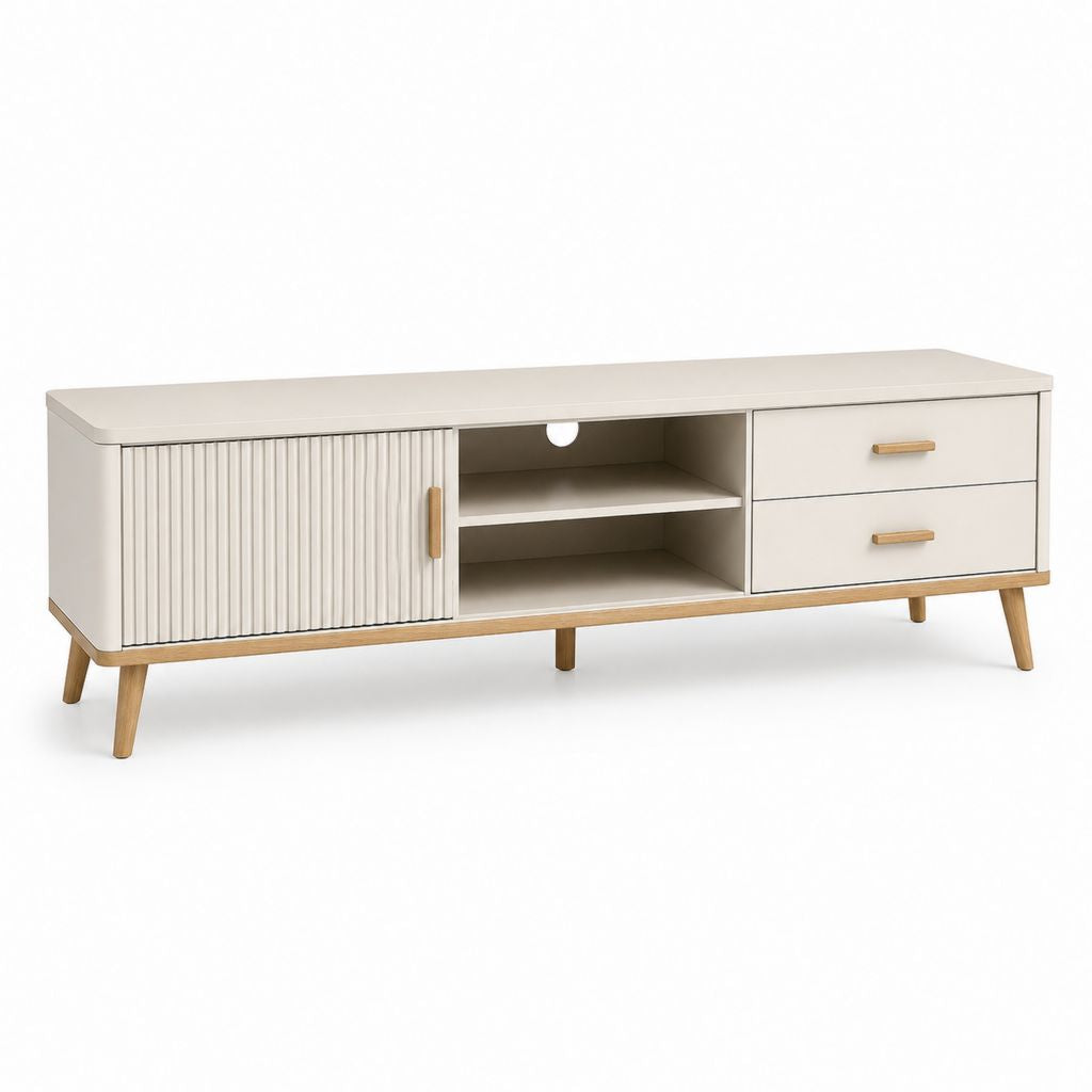 Mobile TV basso rettangolare in MDF e legno massello con anta scanalata e 2 cassetti, tortora e rovere naturale, 160 x 40 x 60 cm