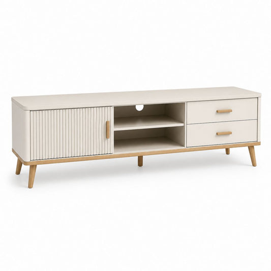 Mobile TV basso rettangolare in MDF e legno massello con anta scanalata e 2 cassetti, tortora e rovere naturale, 160 x 40 x 60 cm