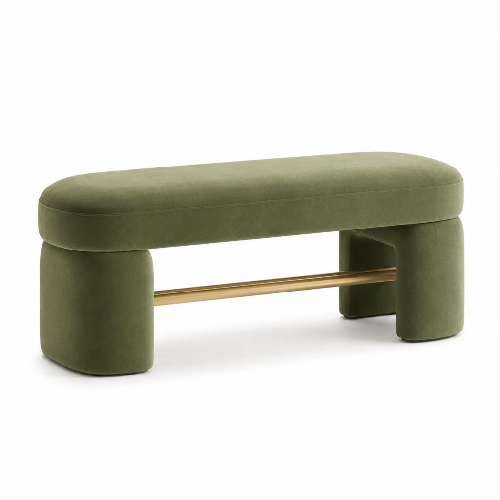 Panca fondoletto rettangolare in velluto verde oliva e metallo dorato, 120 x 40 x 46 cm
