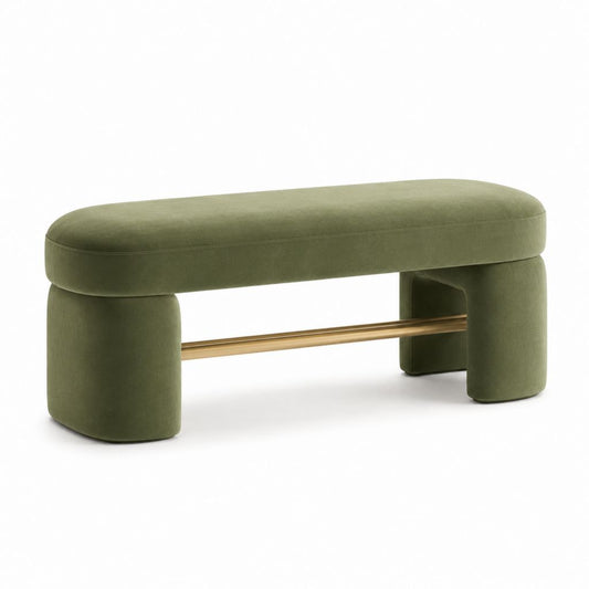 Panca fondoletto rettangolare in velluto verde oliva e metallo dorato, 120 x 40 x 46 cm