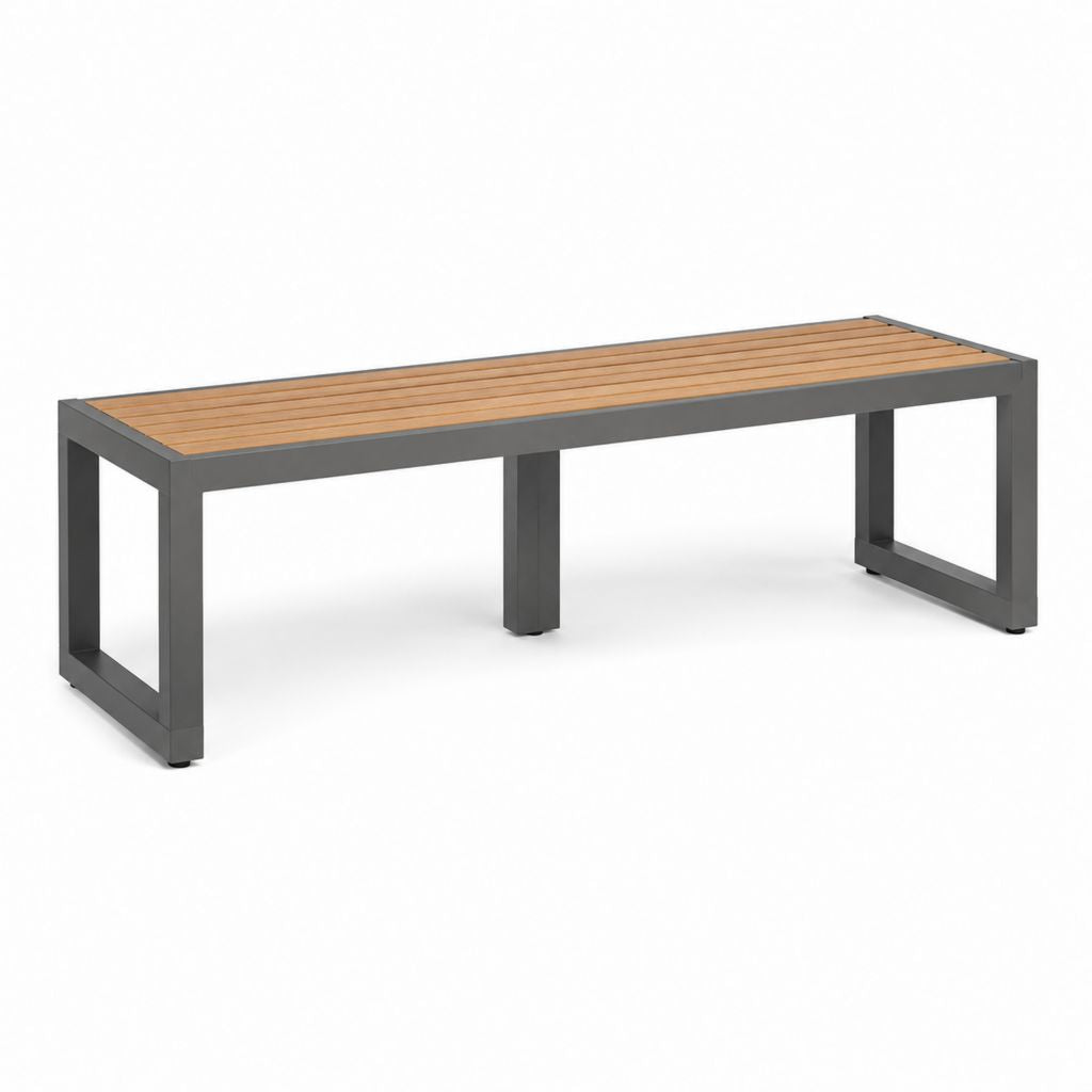 Panca da giardino rettangolare senza schienale in acciaio verniciato e legno massello di acacia, antracite e marrone, 180 × 40 × 45 cm