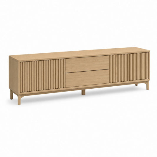 Mobile TV basso in MDF impiallacciato rovere naturale con 2 ante scanalate e 2 cassetti, 180 × 40 × 65 cm