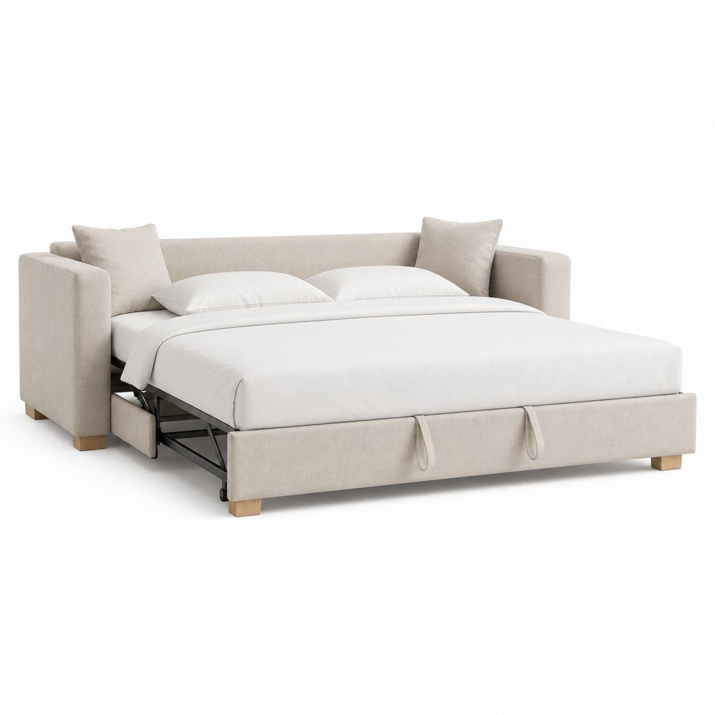 Divano letto matrimoniale a 3 posti in tessuto beige, 220 x 95 x 86 cm, materasso 160 x 200 cm
