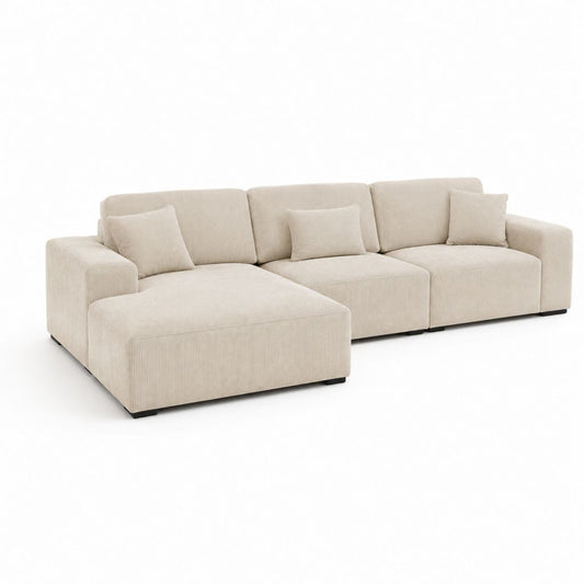 Divano angolare modulare 3 posti con chaise longue sinistra in velluto a coste beige, 290 x 170 x 85 cm