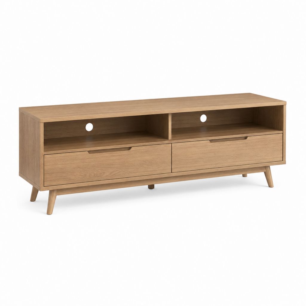 Mobile porta TV rettangolare in legno, rovere naturale, con 2 cassetti, 2 vani aperti e passacavi, 140 x 40 x 55 cm