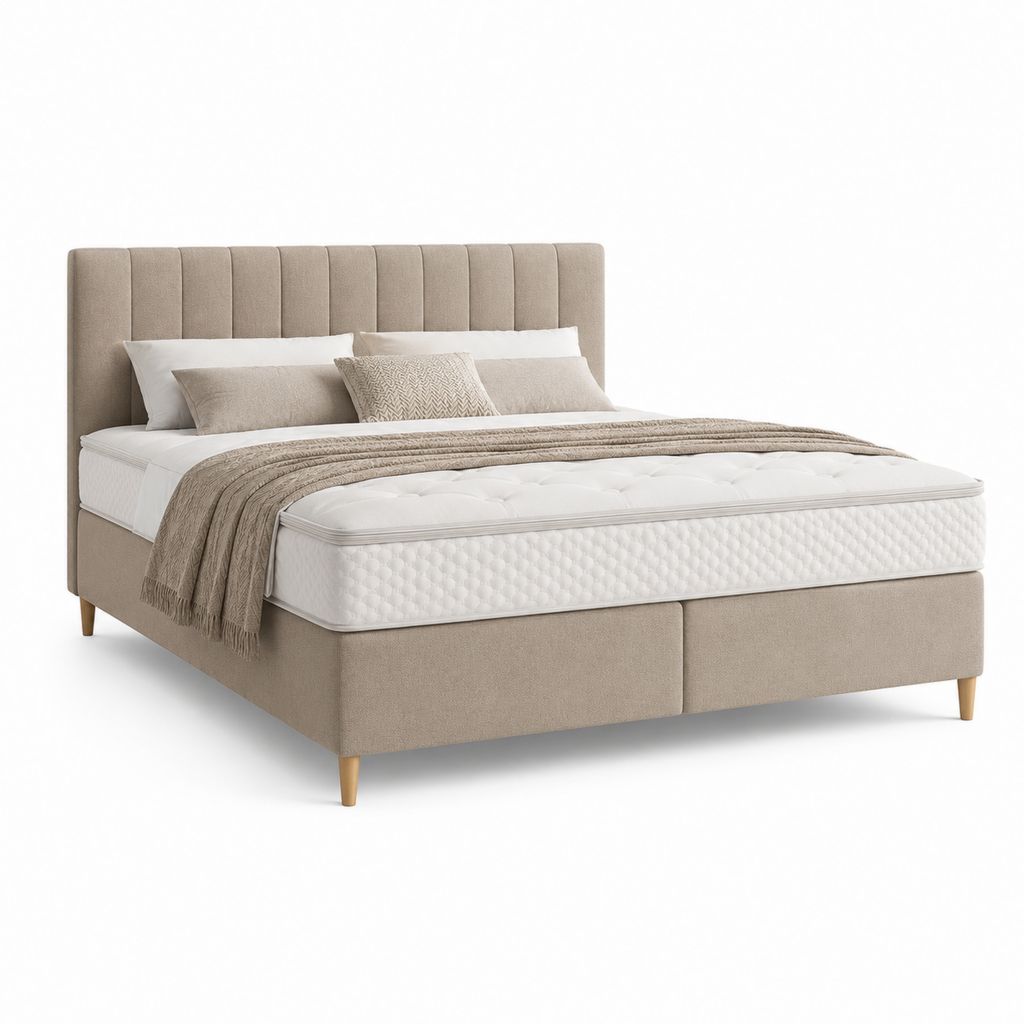 Letto boxspring matrimoniale in tessuto beige e bianco con testiera imbottita e materasso a molle insacchettate, 180 x 200 cm