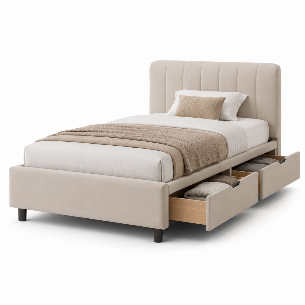 Letto singolo contenitore 90 x 200 cm in legno e tessuto beige con testiera imbottita e 2 cassetti laterali