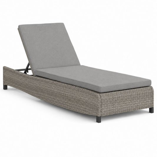 Lettino prendisole reclinabile da esterno in rattan PE grigio con cuscino, 195 x 65 x 93 cm
