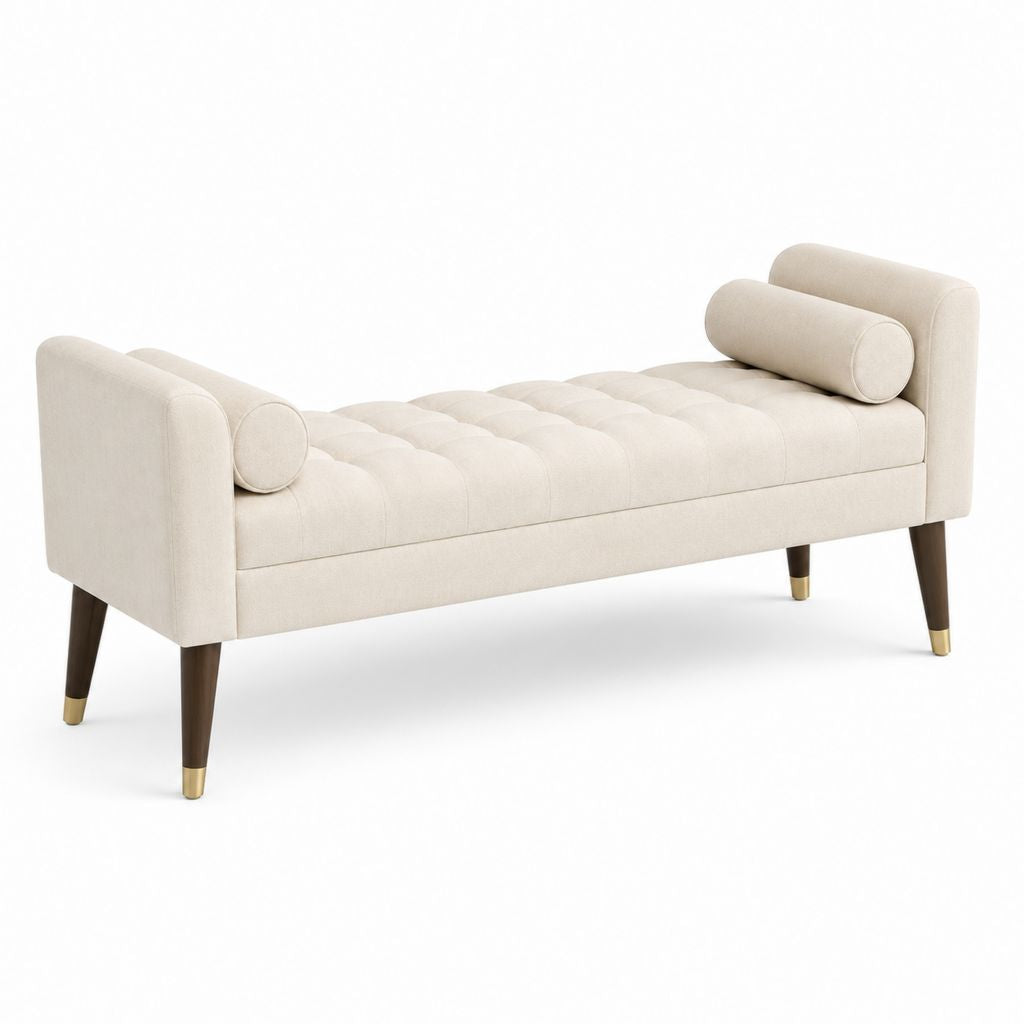 Panca fondoletto rettangolare imbottita in poliestere con 2 cuscini cilindrici, beige crema, 140 × 48 × 63 cm