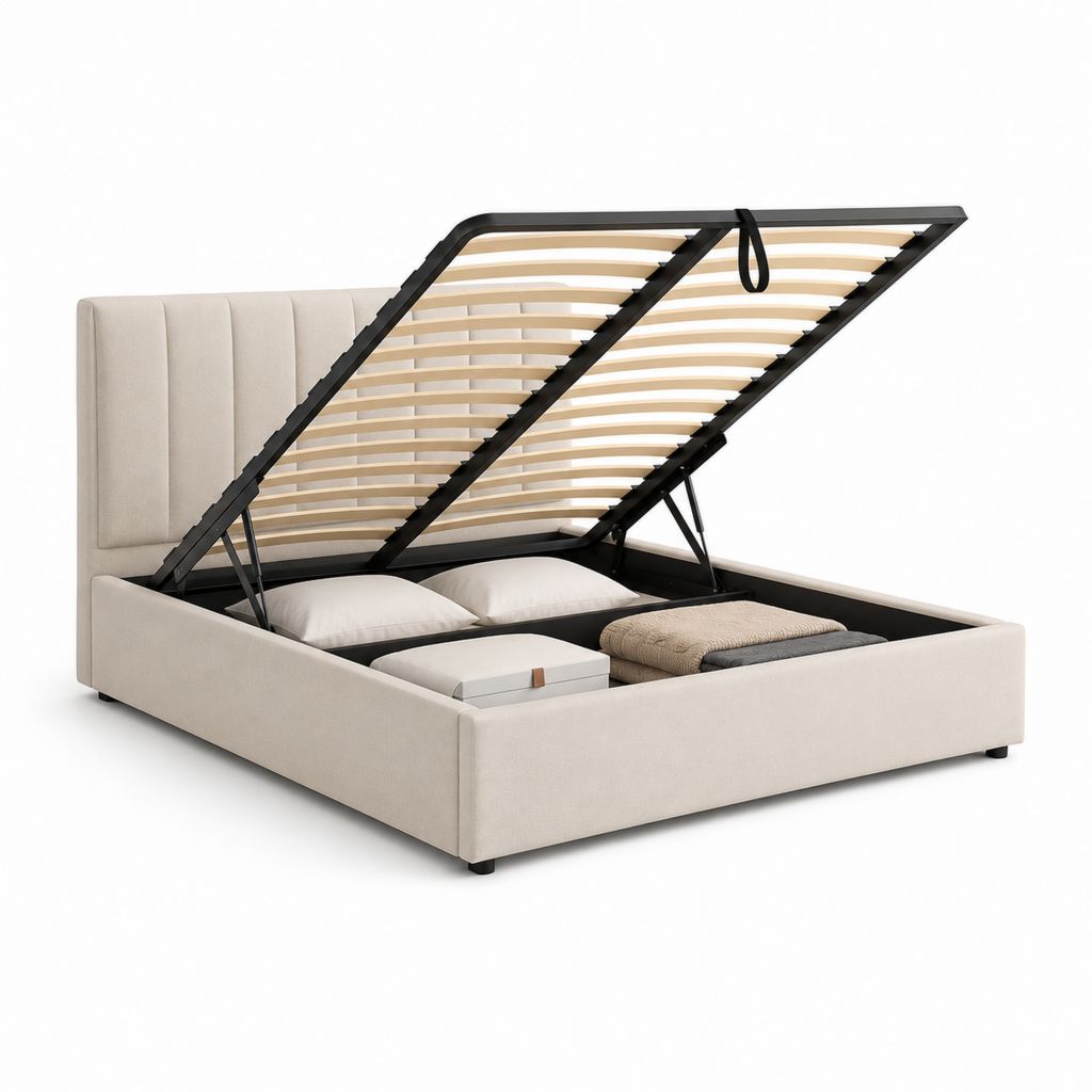 Letto contenitore matrimoniale in tessuto beige con rete a doghe, superficie 160 x 200 cm, dimensioni 175 x 218 x 105 cm