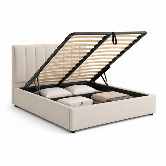 Letto contenitore matrimoniale in tessuto beige con rete a doghe, superficie 160 x 200 cm, dimensioni 175 x 218 x 105 cm