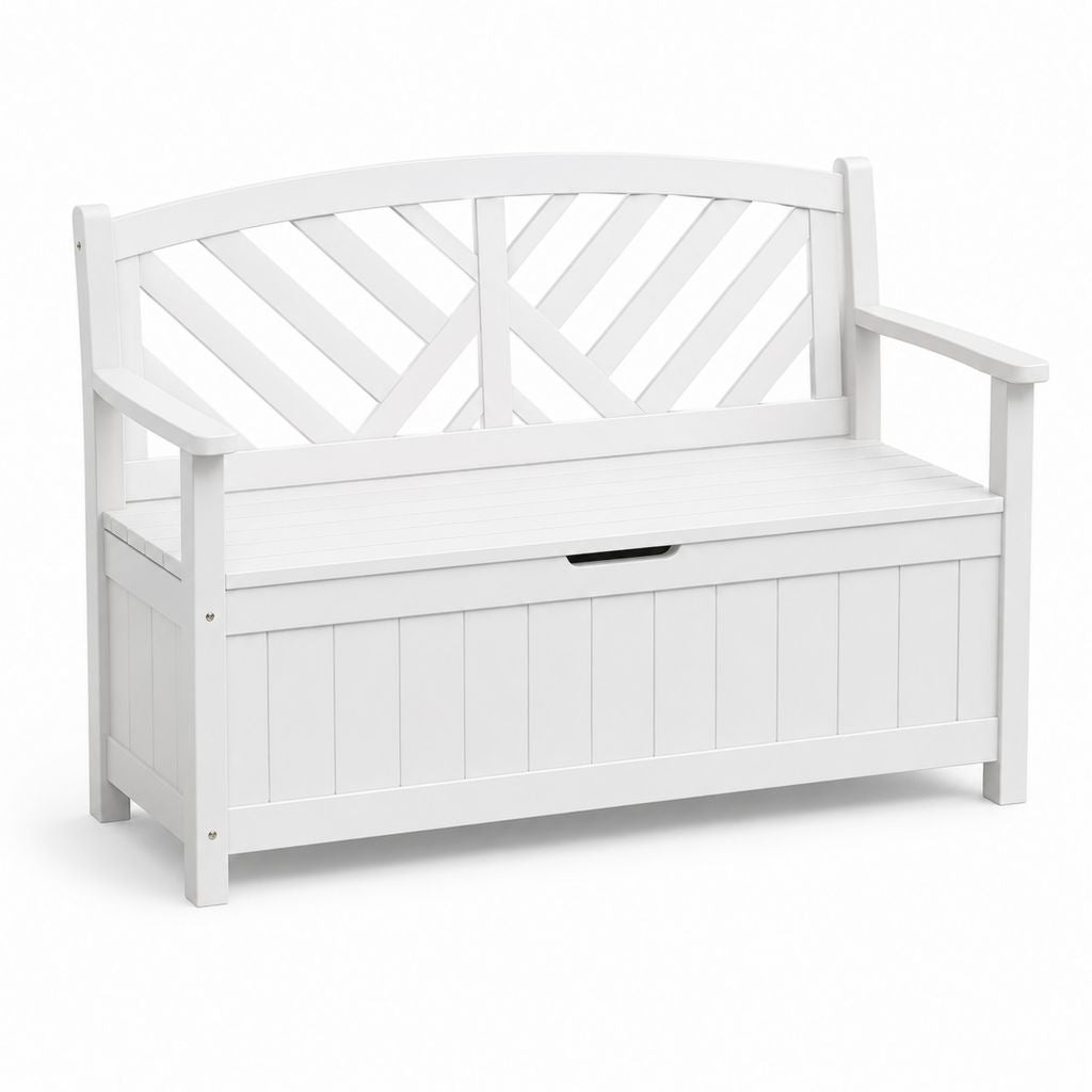 Panca da giardino a 2 posti con contenitore in legno massello di acacia bianco, 120 x 63 x 84 cm