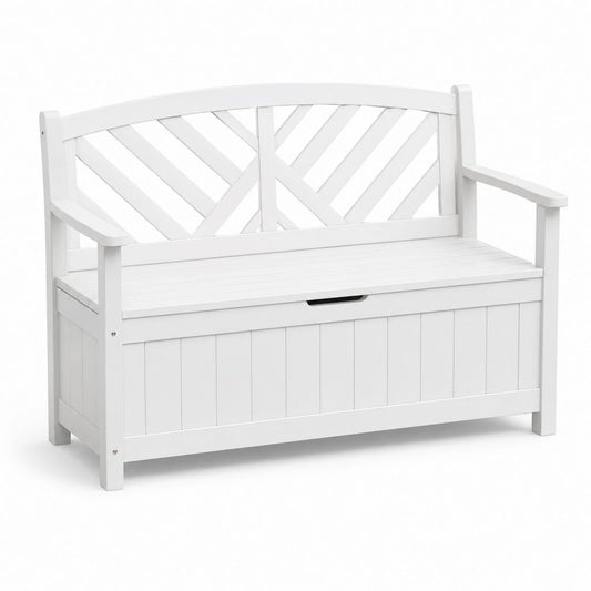 Panca da giardino a 2 posti con contenitore in legno massello di acacia bianco, 120 x 63 x 84 cm