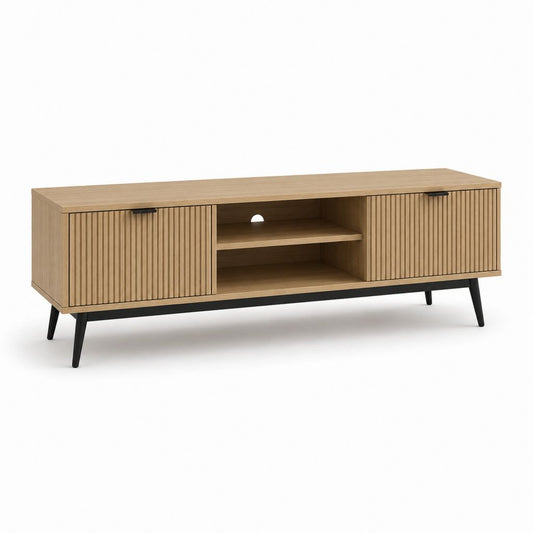 Mobile porta TV basso rettangolare in legno e metallo con 2 ante scanalate, 160 x 40 x 58 cm, rovere naturale e nero