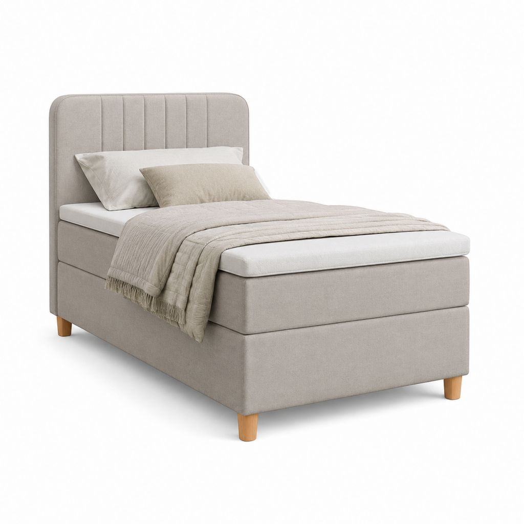 Letto boxspring singolo beige in tessuto con materasso a molle, superficie 90 x 200 cm, dimensioni 100 x 210 x 120 cm