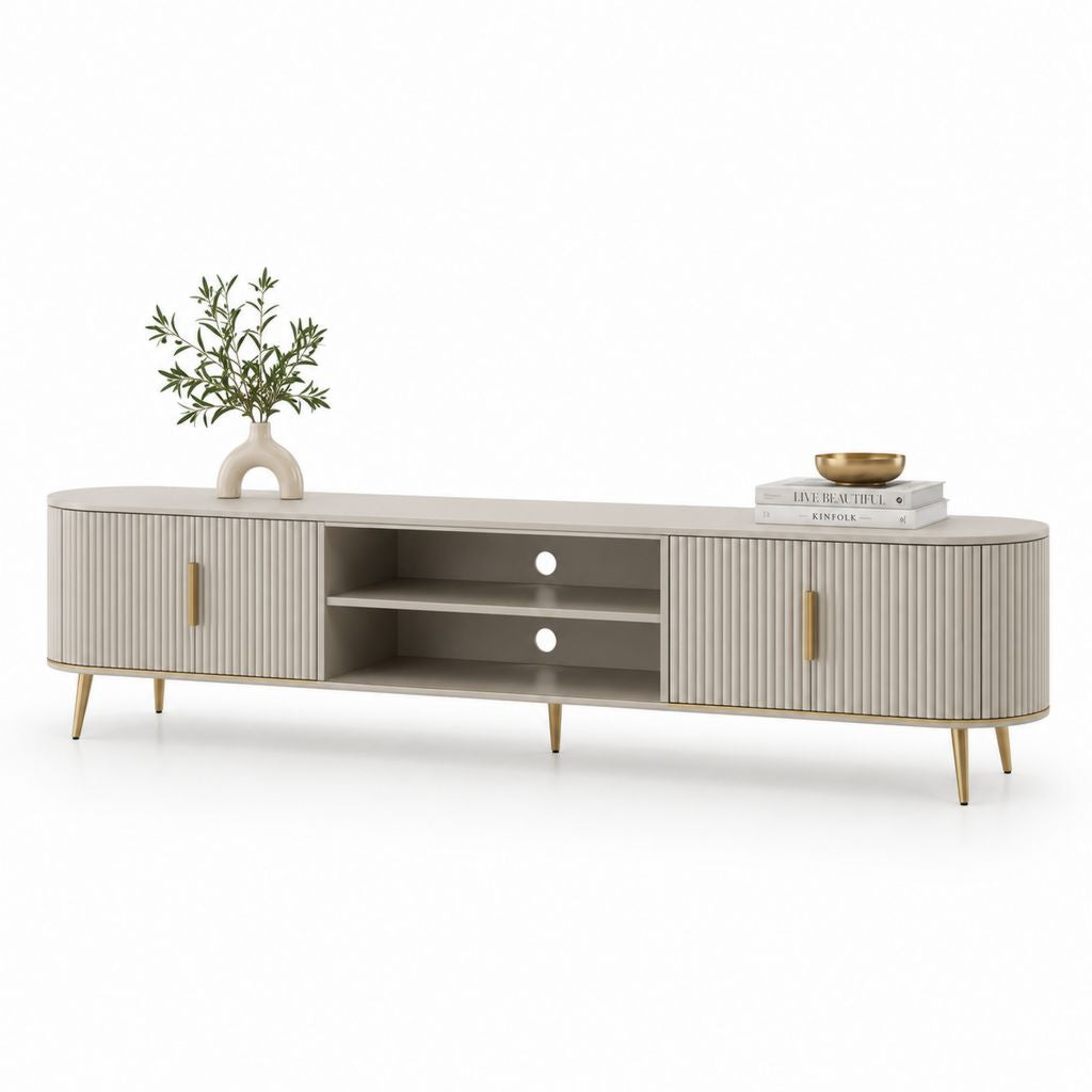 Mobile porta TV basso in MDF tortora e metallo dorato con 2 ante scanalate e 2 vani aperti, 200 x 40 x 55 cm
