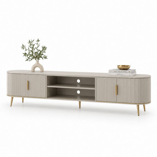 Mobile porta TV basso in MDF tortora e metallo dorato con 2 ante scanalate e 2 vani aperti, 200 x 40 x 55 cm