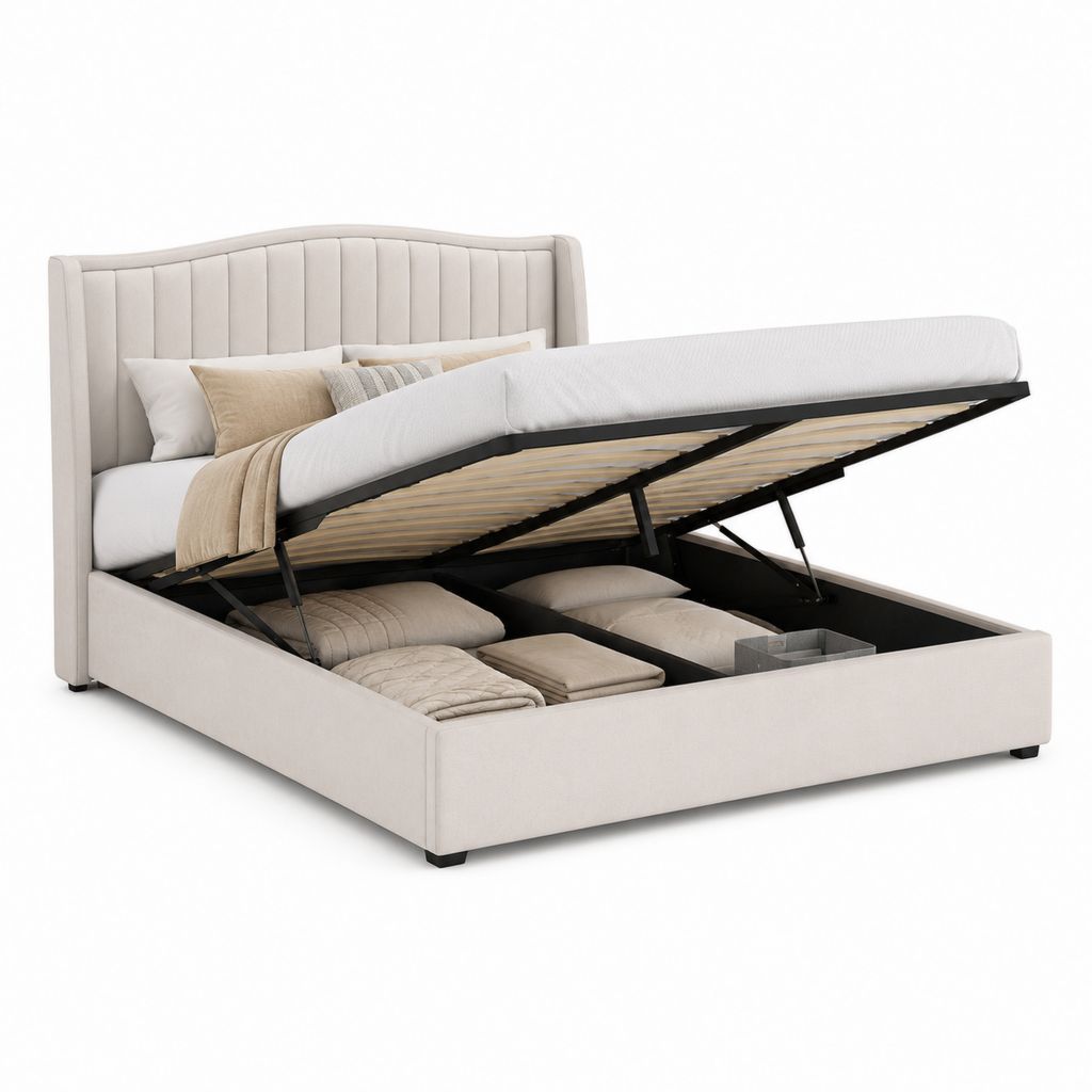 Letto contenitore matrimoniale 176 x 218 x 118 cm in tessuto beige, rete a doghe e piano letto 160 x 200 cm