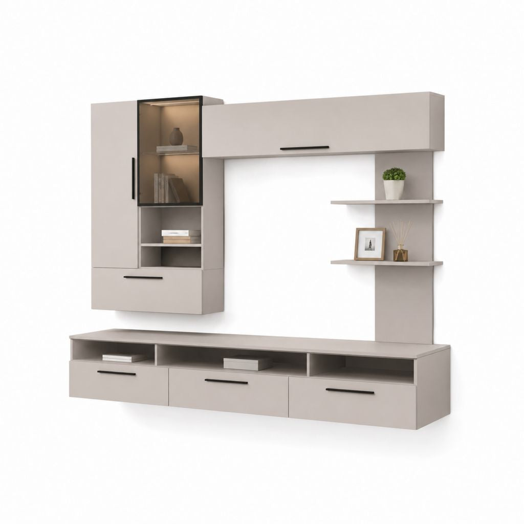 Parete attrezzata TV modulare in legno e vetro, tortora e nero, 270 × 42 × 200 cm