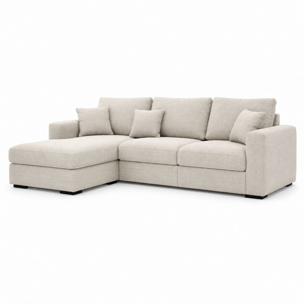 Divano angolare a L a 3 posti con penisola sinistra in tessuto beige, 280 × 165 × 88 cm