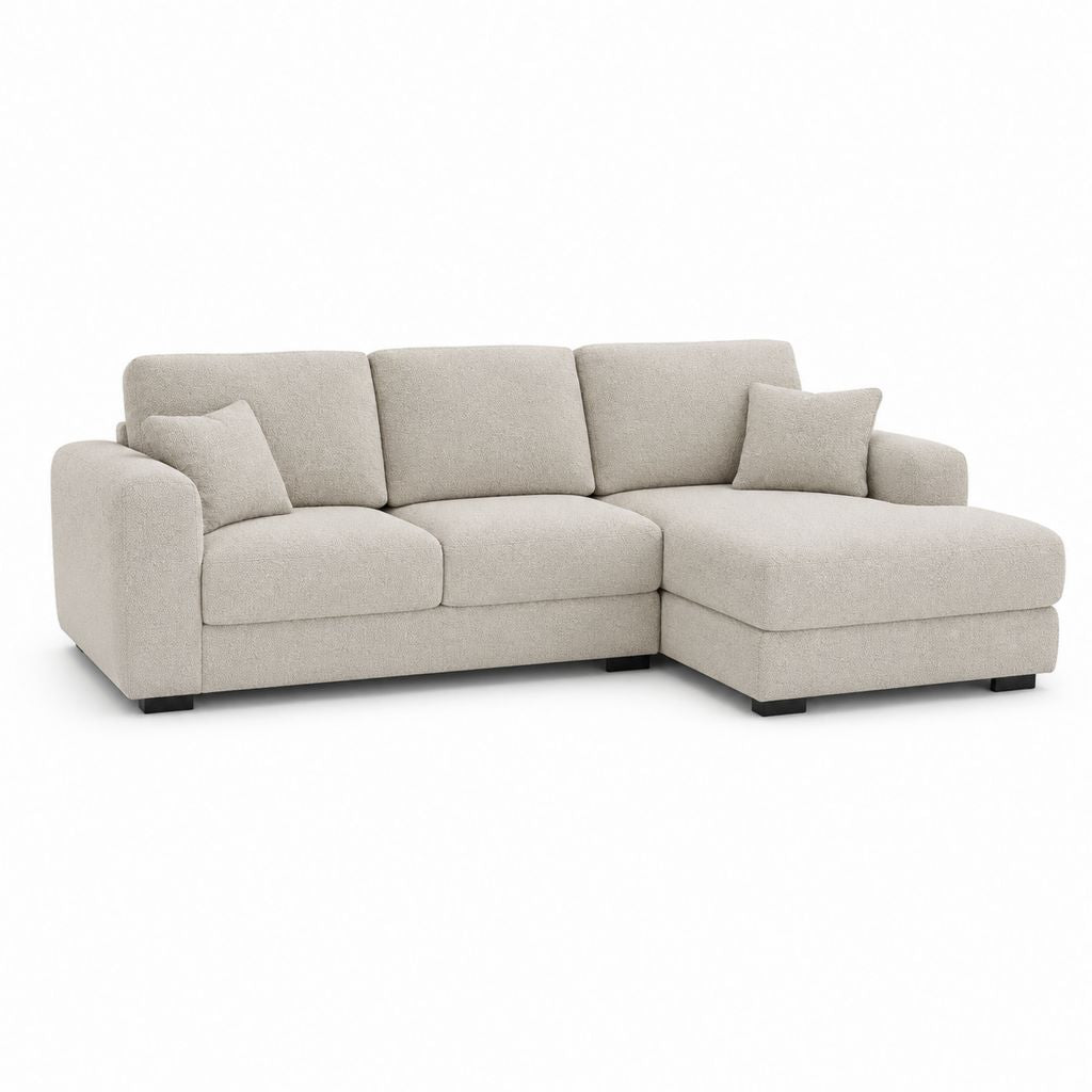 Divano angolare a 3 posti con penisola destra, rivestimento in tessuto beige, 250 x 160 x 90 cm