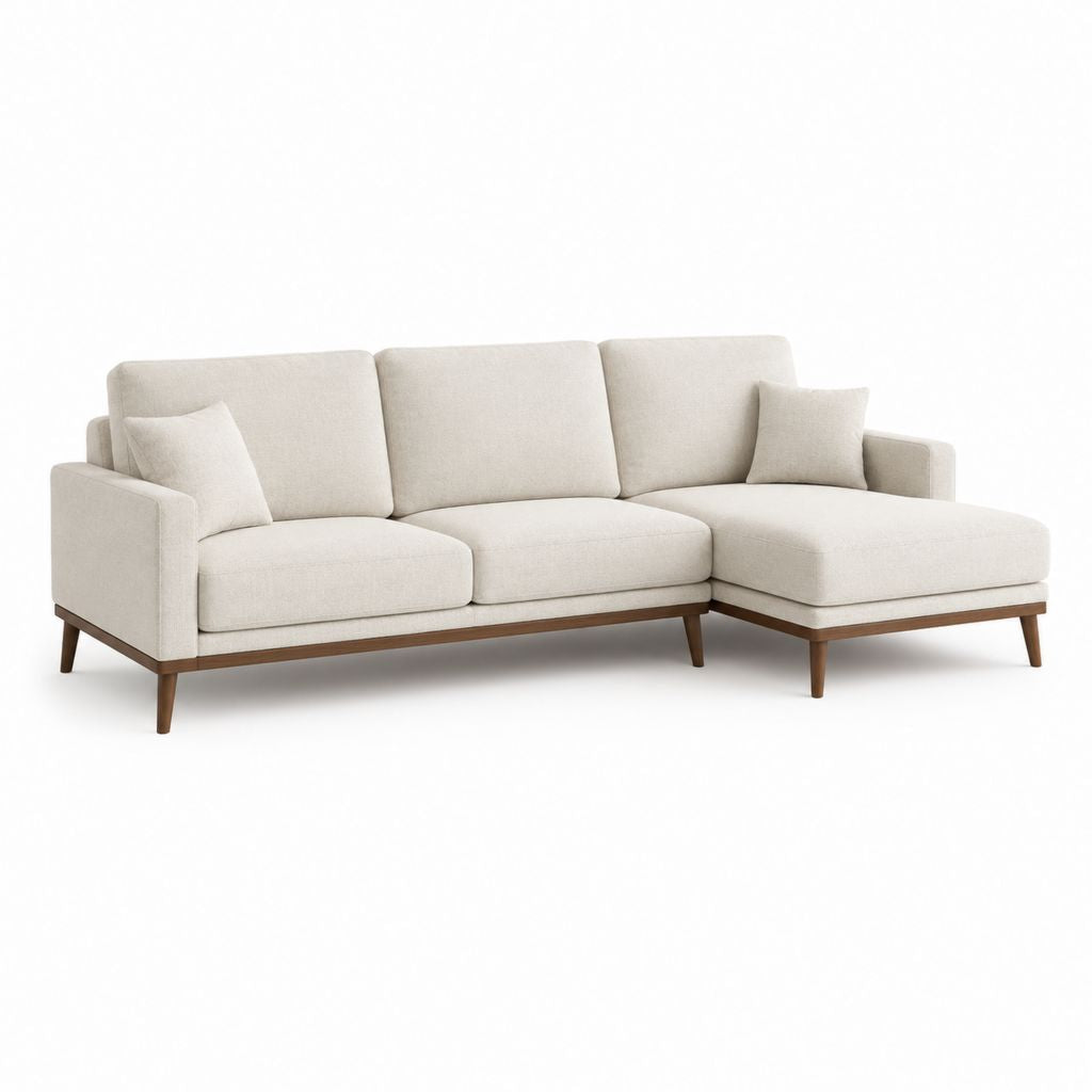 Divano angolare 3 posti con chaise longue destra in tessuto beige, 230 × 150 × 86 cm