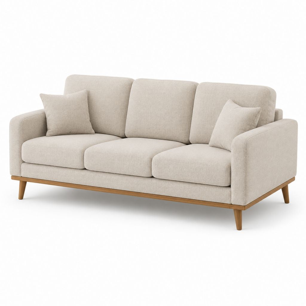 Divano 3 posti beige in tessuto e legno con 2 cuscini, 218 x 90 x 86 cm