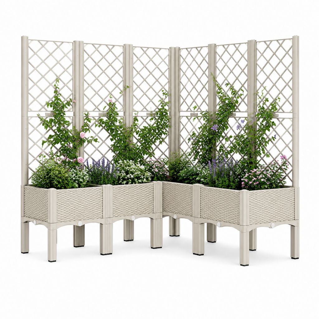 Set di 3 fioriere rialzate da esterno con graticcio in PP beige, 240 × 40 × 180 cm