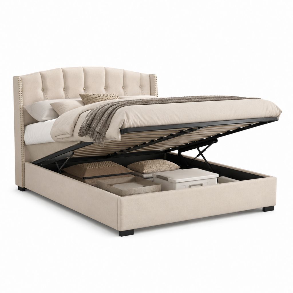 Letto matrimoniale contenitore 160 × 200 cm in poliestere beige con testiera imbottita e rete a doghe